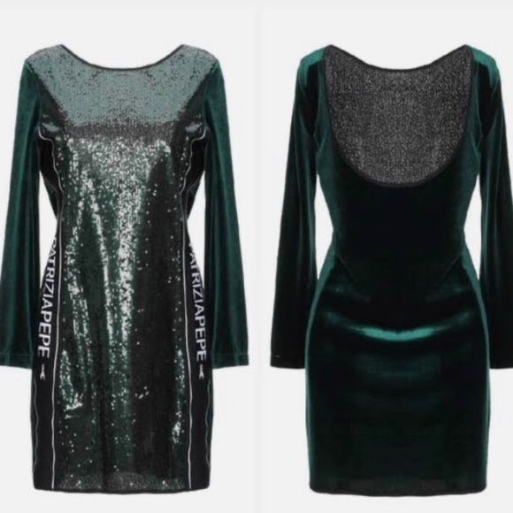 Patrizia Pepe green velvet sequin open back mini dress long sleeve - Picture 7 of 10